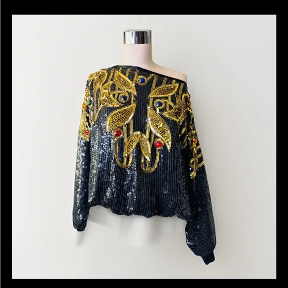 Vintage‎ 80's Silk, Sequin and Rhinestone Creative Creations Disco Glam Blouse - Picture 10 of 14